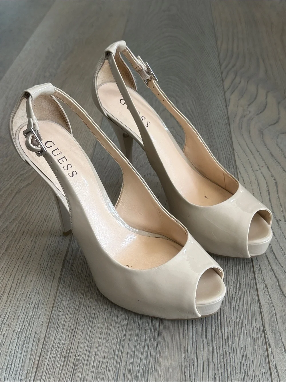 GUESS Nude Patent Slingback Peep Toe 4 3/4” Platform Heels- 8 1/2 M